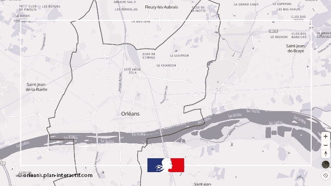 Image d'une carte de la ville Orléans en noir et blanc, avec la Loire qui coupe la ville en deux.