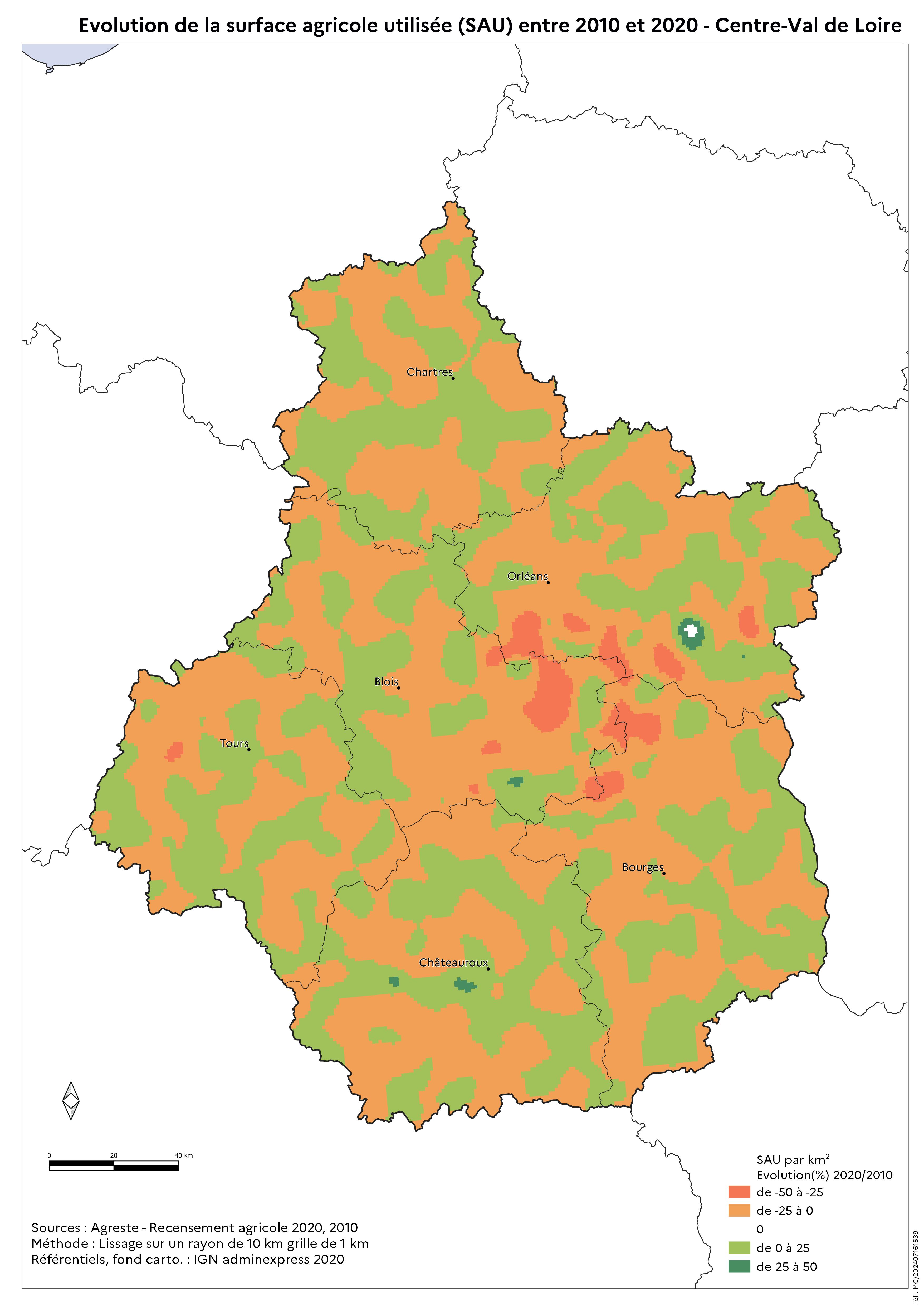 Image 2 : Évolution de la surface agricole utilisée (SAU) entre 2010 et 2020 - Centre-Val de Loire