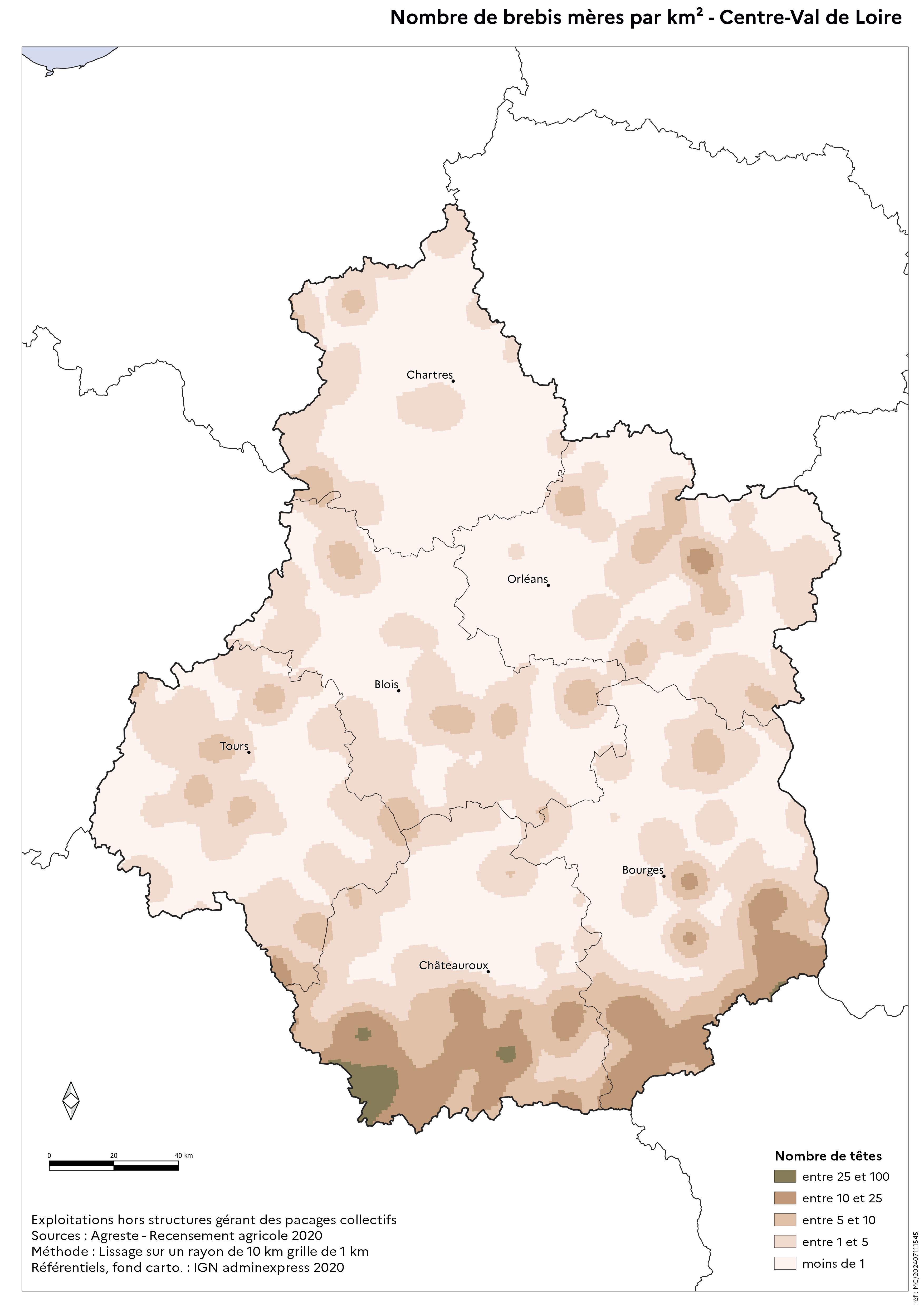 Image 9 : Nombre de brebis mères par km² - Centre-Val de Loire