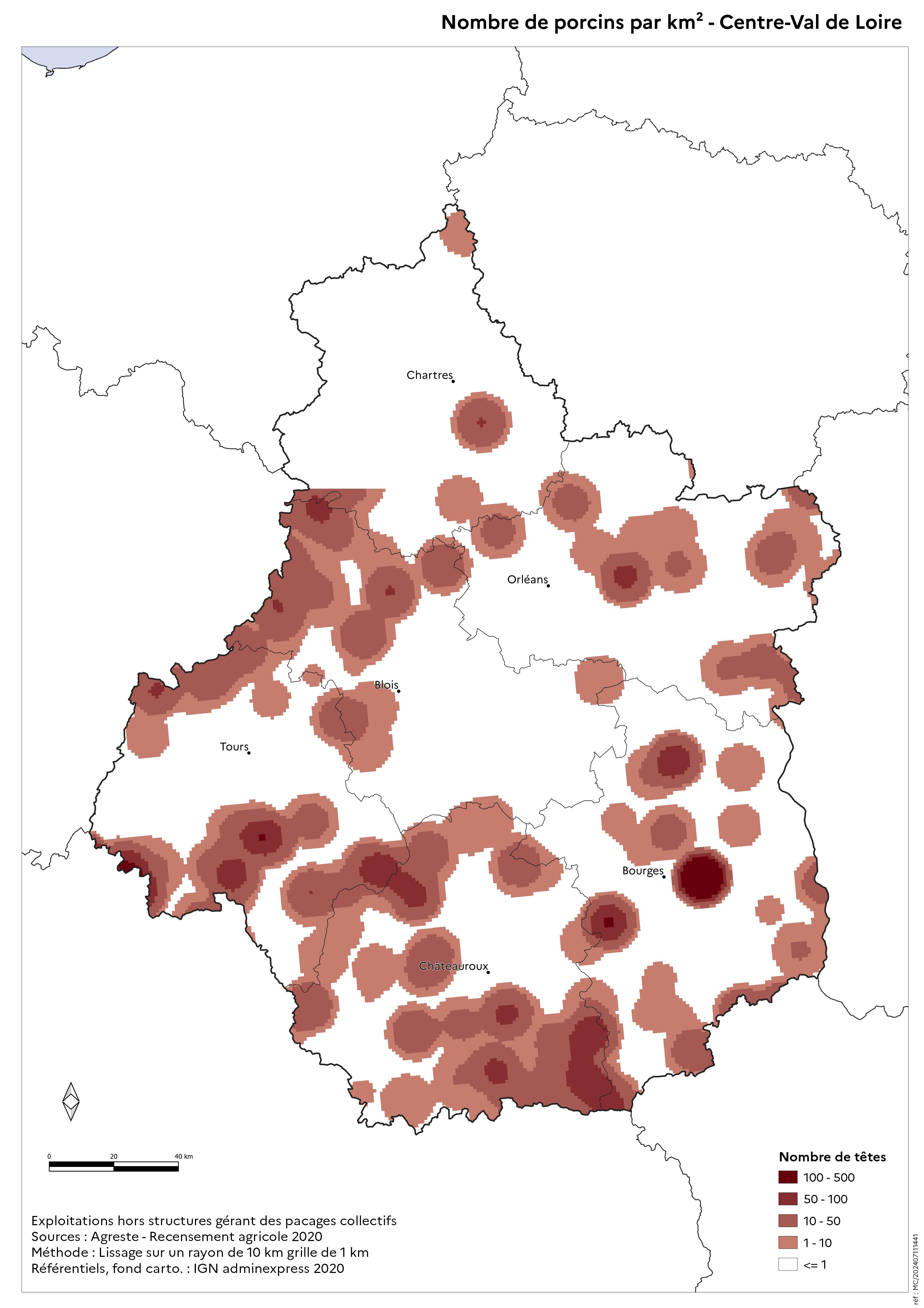 Image 11 : Nombre de porcins par km² - Centre-Val de Loire