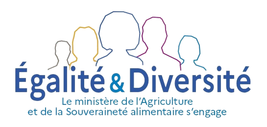 Image avec des silhouettes colorés qui forment le logo du label Égalité/Diversité, en soustitre Le ministère de l'Agriculture et de la Souveraineté alimentaire s'engage.