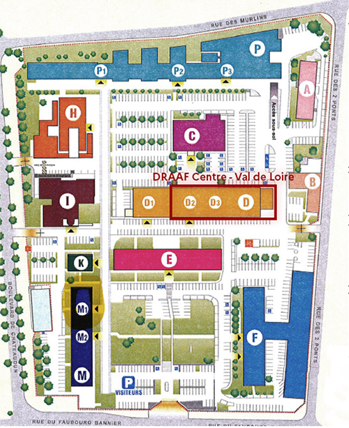 Plan de la cité administrative de Coligny à Orléans, avec la DRAAF Centre - Val de Loire en évidence, localisé au bâtiment D.