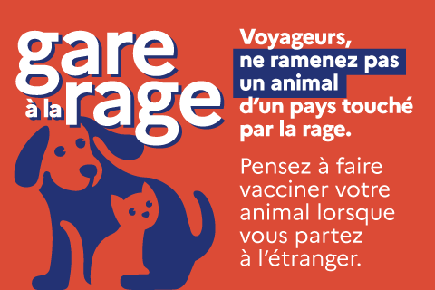 Campagne 2025 « Gare à la rage » avec le texte : "voyageurs, ne ramenez pas un animal d'un pays touché par la rage. Pensez à faire vacciner votre animal lorsque vous partez à l'étranger."