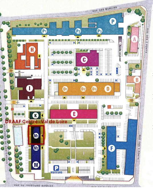 Plan de la cité administrative de Coligny à Orléans, avec la DRAAF Centre-Val de Loire en évidence, localisé au bâtiment M.