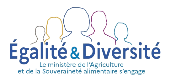 Image avec des silhouettes colorés qui forment le logo du label "Égalité/Diversité", en soustitre "Le ministère de l'Agriculture et de la Souveraineté alimentaire s'engage".