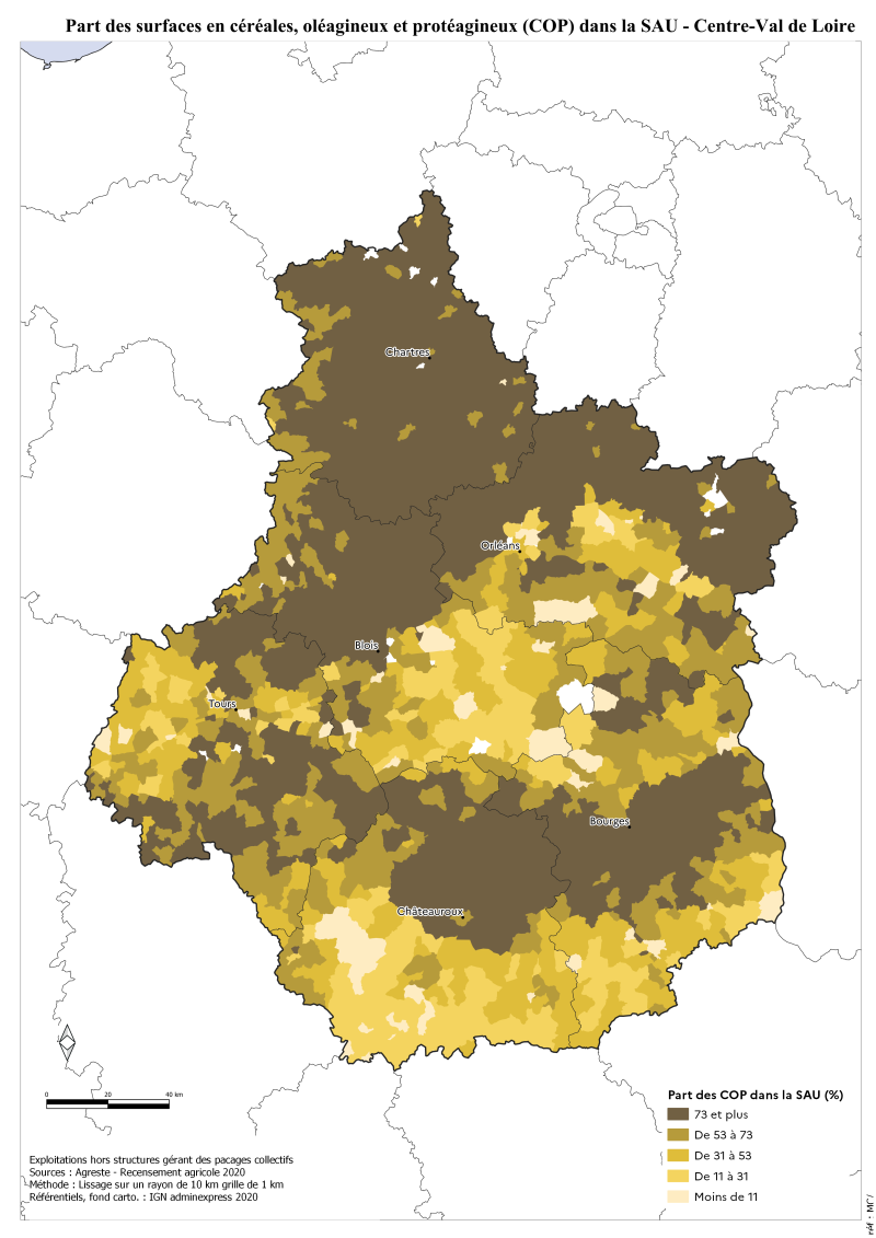 Image 3 : Part des surfaces en céréales, oléaginaux et protéagineux (COP) dans la SAU - Centre-Val de Loire