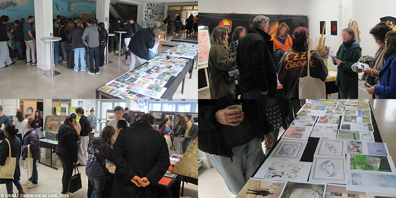 Photomontage des participants qui regardent les œuvres et des interactions dans l'espace de l'exposition.