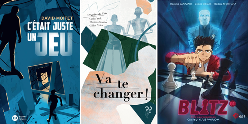 Couverture des trois livres du défi-lecture : C'était juste un jeu, Va te changer ! et Blitz.