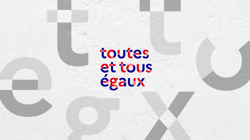 Image avec le slogan "Toutes et tous égaux" dans le design graphique de l'État.