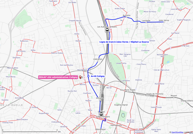 Plan de la ville d'Orléans qui indique la ligne de tram A et l'arrêt "Coligny" (l'arrêt pour rejoindre la DRAAF CVL).