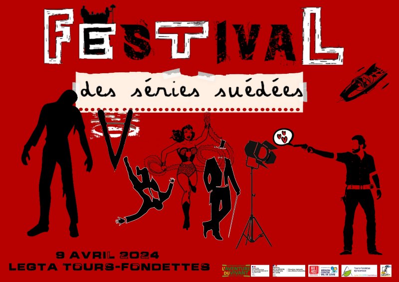 Affiche du Festival de Ciné avec le thème séries suédés. L'image est rouge, avec un titre blanc et noir, dans le style des collages. Il répresente des personnages de films comme Wonderwoman et Charlie Chaplin.