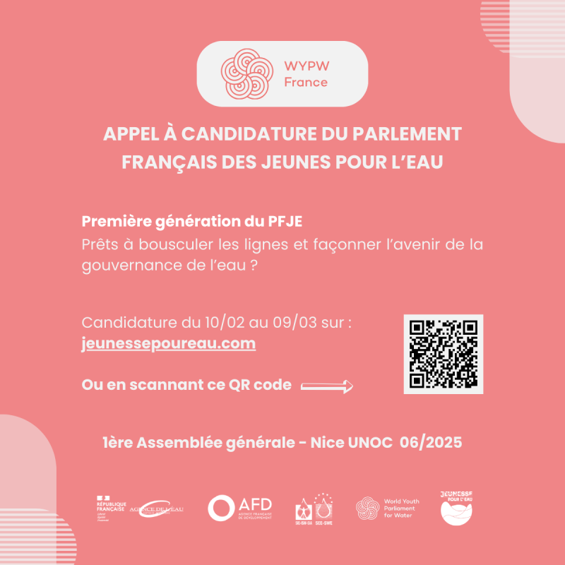 Appel à candidature du parlement français des jeunes pour l'eau. Première génération du PFJE. Prêts à bousculer les lignes et façonner l'avenir de la gouvernance de l'eau ? Candidature du 10/02 au 09/03 sur jeunessepoureau.com La première assemblée générale se tiendra à Nice (UNOC) en juin 2025.